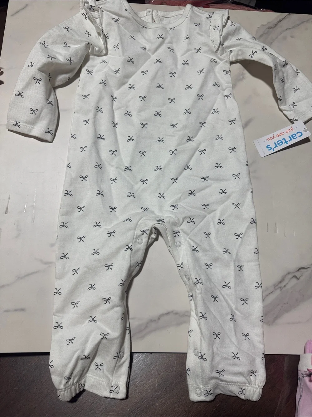 Carter's White Bow Print Footed Romper & Pink Palm Tee with Ruffle Shorts Set 1m - Picture 4 of 4